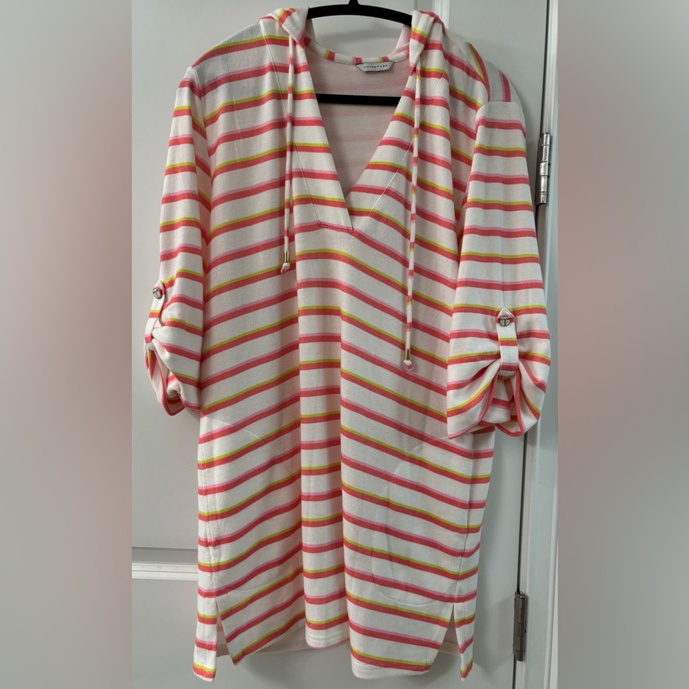 TRINA TURK Multicolored Striped V-Neck Tunic Coved Up 3/4 Sleeve Soft Size Large